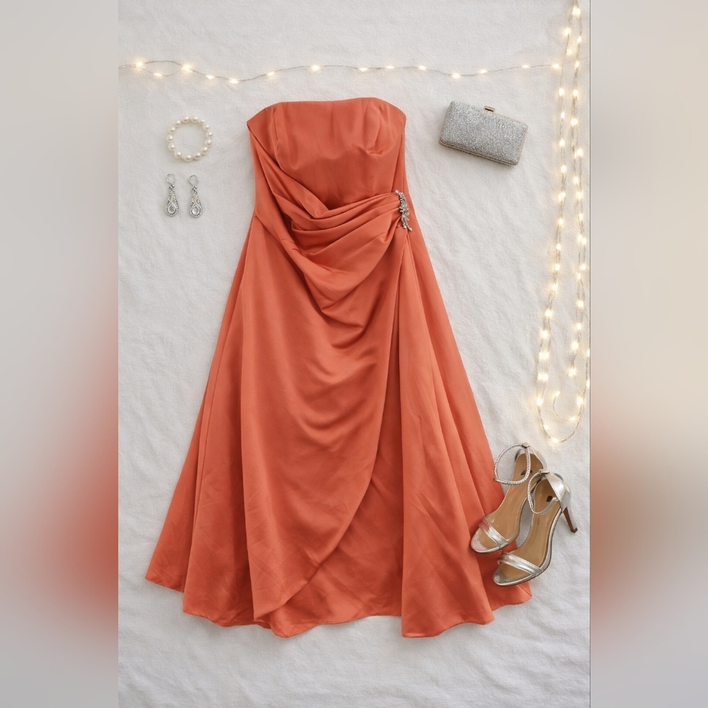 Davids Bridal Strapless Orange/peach Satin Gown/dress Tulle Slip. Ladies Size 6